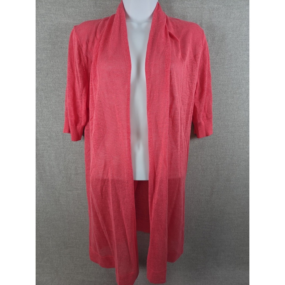 Ann Taylor Duster Cardigan L Open Front Linen Blend Coral Pink Short Sleeve